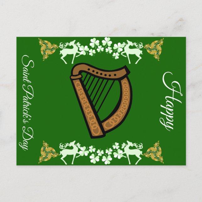 Cartão Postal De Festividades Arpa Antiga Dia de São Patrício Trevo Celta (Frente)