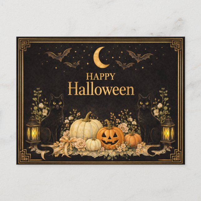 Cartão Postal De Festividades Art Deco Black Cats Luxury Halloween (Frente)