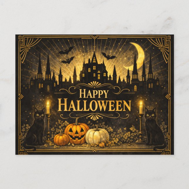 Cartão Postal De Festividades Art Deco Black Gold Halloween (Frente)