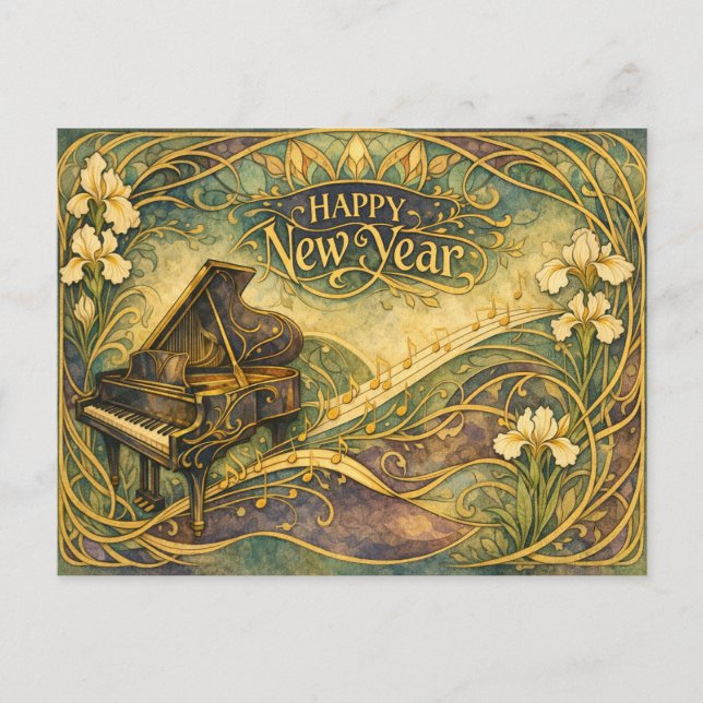Cartão Postal De Festividades Art Nouveau Piano Floral Happy New Year (Frente)