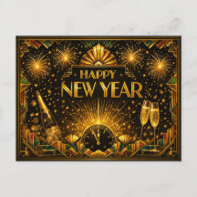 Arte Colorida a Ouro Art Déco Feliz Ano Novo