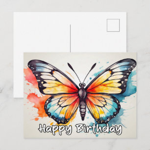Cartão Postal De Festividades Arte de Borboleta Aquarela com Aniversário