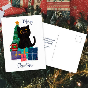 Cartão Postal De Festividades Arte de Café de Gato Preto Fofo de Natal Festivo