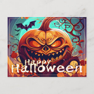 Cartão Postal De Festividades Arte de Halloween de Morcego Feroz de Abóbora