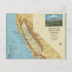 Cartão Postal De Festividades Arte de Mapa Antigo dos Parques Nacionais da Calif