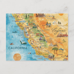 Cartão Postal De Festividades Arte de Mapa de Aquarela Ilustrado da Califórnia