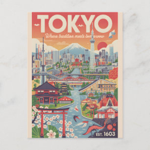 Cartão Postal De Festividades Arte de Poster de Viagem Retro de Tóquio Japão