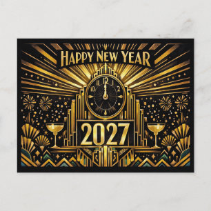 Cartão Postal De Festividades Arte Deco Ano Novo 2027 Dourado Vintage