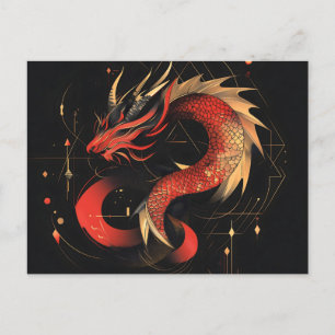 Cartão Postal De Festividades Arte Majestosa Vermelha e Dourada do Dragão Chinês
