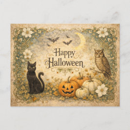 Cartão Postal De Festividades Arte Nova Gato Preto Coruja Halloween