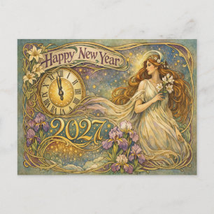 Cartão Postal De Festividades Arte Nova Vintage Floral Feliz Ano Novo 2027
