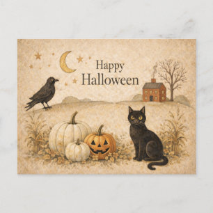 Cartão Postal De Festividades Arte Popular do Dia das Bruxas Gato Preto Primitiv
