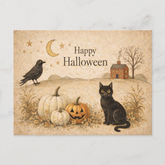 Cartão Postal De Festividades Arte Popular Primitiva de Gato Preto para o Hallow (Frente)