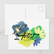 Artista. Desenho. Azul e amarelo. Pincel e