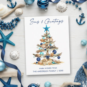 Cartão Postal De Festividades Árvore Aquarela Mar e Saudações Praia