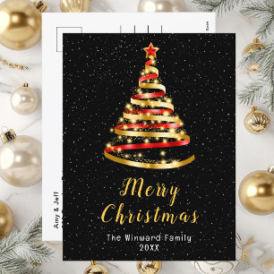 Cartão Postal De Festividades Árvore de Fita Vermelha e Dourada Feliz Natal