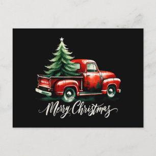 Cartão Postal De Festividades Árvore de Natal Alegre em Caminhão Vermelho Vintag