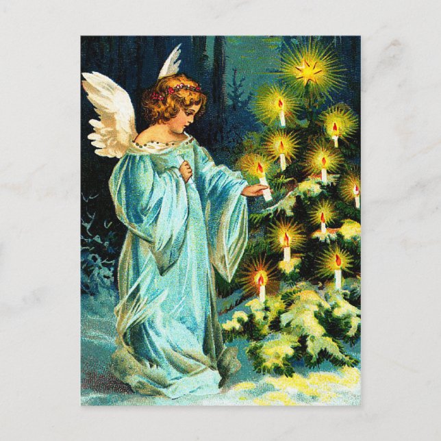 Cartão Postal De Festividades Árvore de Natal Anjo Decorando (Frente)
