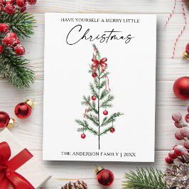 Cartão Postal De Festividades Árvore de Natal Aquarela Caligrafia Laço Vermelho