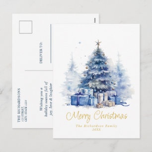 Cartão Postal De Festividades Árvore de Natal Azul Elegante Aquarela