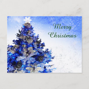 Cartão Postal De Festividades Árvore de Natal azul, flor e pinheiros