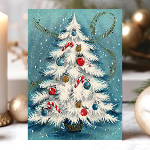 Cartão Postal De Festividades Árvore de Natal Branca na Cena de Natal na Neve