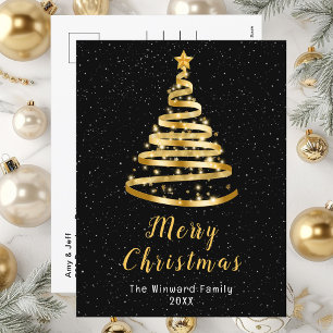 Cartão Postal De Festividades Árvore de Natal com Fita Dourada e Preta Feliz Nat