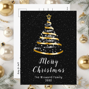 Cartão Postal De Festividades Árvore de Natal com Fita Dourada e Preta Feliz Nat