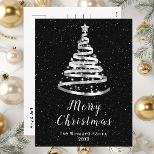 Cartão Postal De Festividades Árvore de Natal com Fita Prata e Preta Feliz Natal