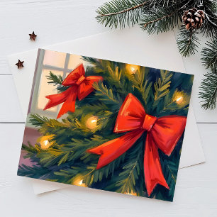 Cartão Postal De Festividades Árvore de Natal com Laços Vermelhos Aquarela