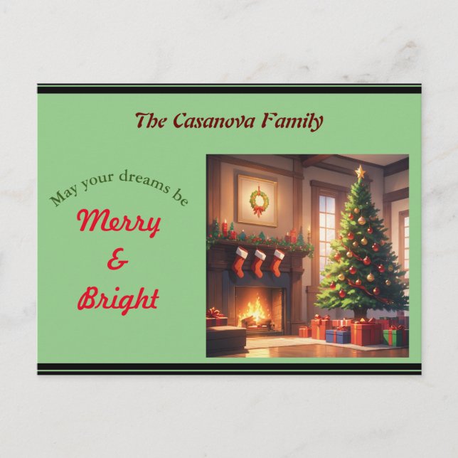 Cartão Postal De Festividades Árvore de Natal com presentes e lareira (Frente)