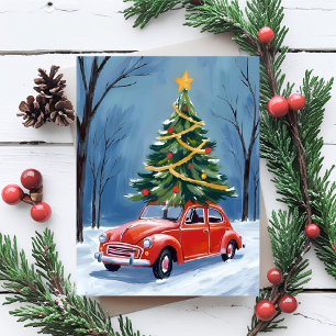 Cartão Postal De Festividades Árvore de Natal de Carro Vermelho Antigo