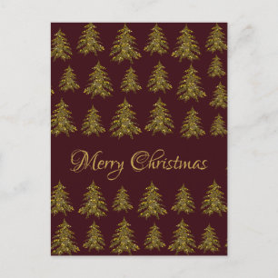 Cartão Postal De Festividades Árvore de Natal de ouro cintilante no Natal vermel