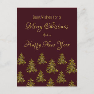 Cartão Postal De Festividades Árvore de Natal de ouro cintilante no Natal vermel