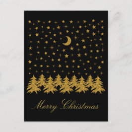 Cartão Postal De Festividades Árvore de Natal de ouro faísca, lua, estrelas em p