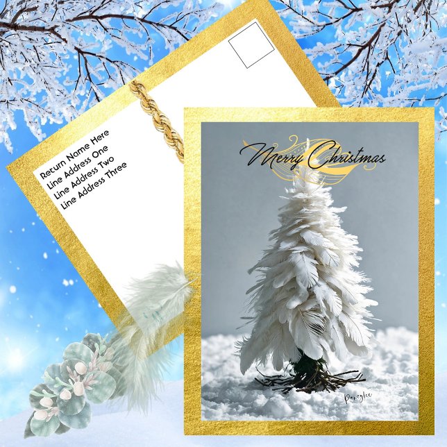 Cartão Postal De Festividades Árvore de Natal de Penas Modernas (Capture Your Recipients Heart - White Feather  Tree - Surrounded in Opulent Gold)
