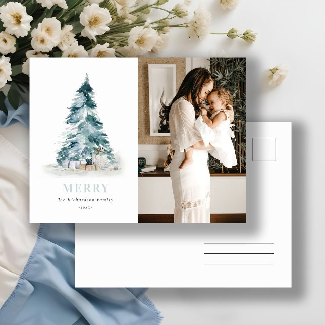 Cartão Postal De Festividades Árvore de Natal de Pinheiro Aquarela Neve Foto Pre (Criador carregado)