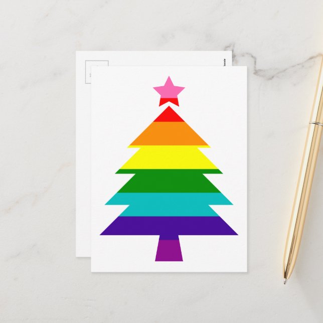 Cartão Postal De Festividades Árvore de Natal do Orgulho LGBTQ Arco-Íris (Frente/Verso In Situ)