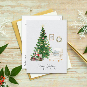 Cartão Postal De Festividades Árvore de Natal e Cadeira de Sofá com Aquarela Nat