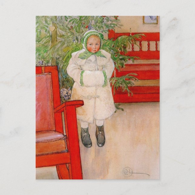 Cartão Postal De Festividades Árvore de Natal e Criança em Furos (Frente)