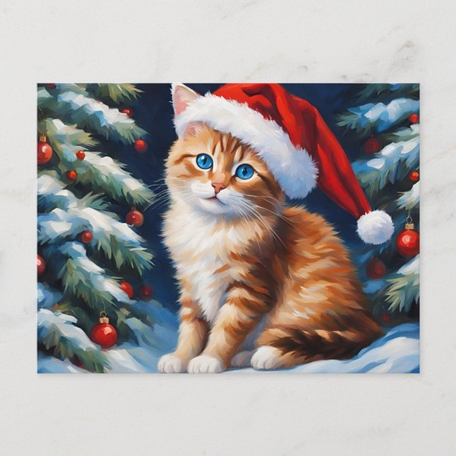 Cartão Postal De Festividades Árvore de Natal e Gato (Frente)