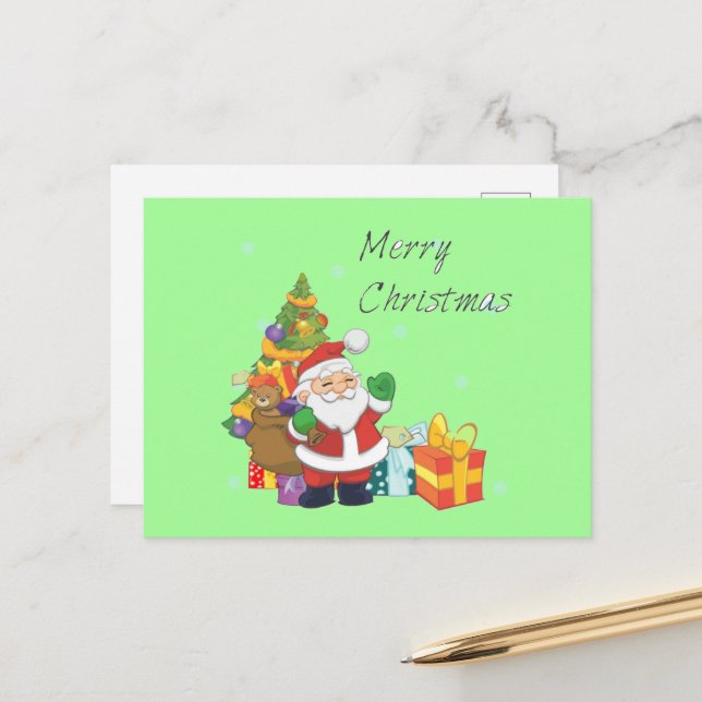 Cartão Postal De Festividades Árvore de Natal e Papais noeis Feliz Natal Verde (Frente/Verso In Situ)