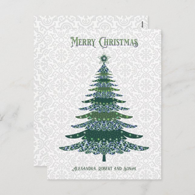 Cartão Postal De Festividades Árvore de Natal elegante, branca verde personaliza (Frente/Verso)