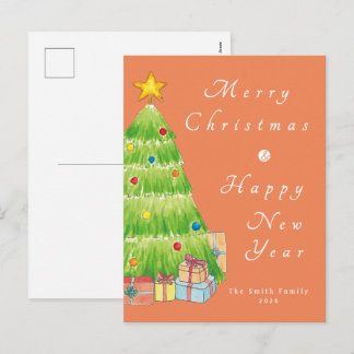 Cartão Postal De Festividades Árvore de Natal em Aquarela Fofa Família Personali