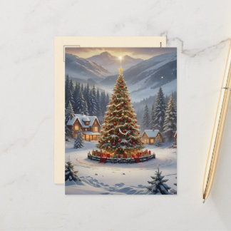 Cartão Postal De Festividades Árvore de Natal festiva em uma vila de montanha