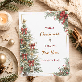 Cartão Postal De Festividades Árvore de Natal laços vermelhos Ano Novo