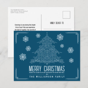 Cartão Postal De Festividades Árvore de Natal Moderno Deco Flocos de Neve Azul C