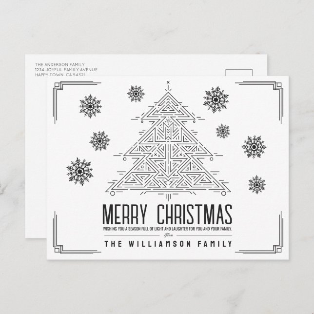 Cartão Postal De Festividades Árvore de Natal Moderno Deco Flocos de Neve Pretos (Frente/Verso)