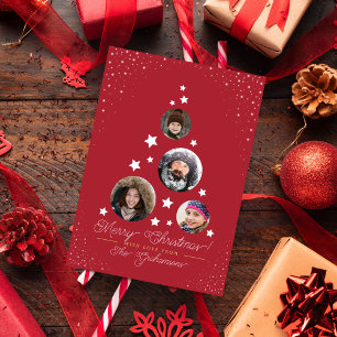 Cartão Postal De Festividades Árvore de Natal Moderno estrelado e 4 fotos da fam