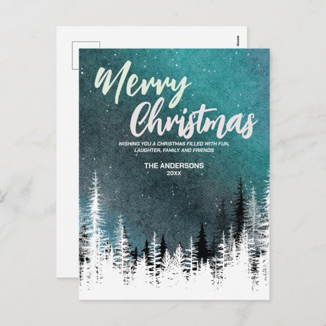 Cartão Postal De Festividades Árvore de Natal noite de inverno floresta Feriado (Frente/Verso)